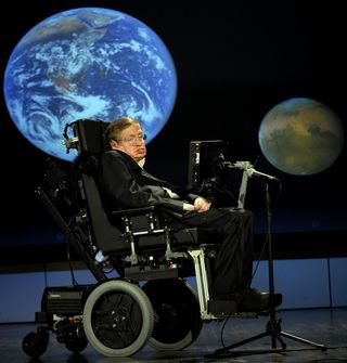 Physicist Stephen Hawking delivers a speech titled "Why We Should Go to Space" during a lecture honoring NASA's 50th anniversary in 2008.