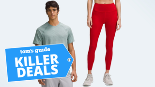 Lululemon fast and free leggings in red and vent tech shirt in green with Killer Deals badge