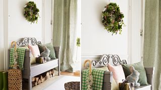 Living Easter wreath idea in a entryway hanging above a settle bench