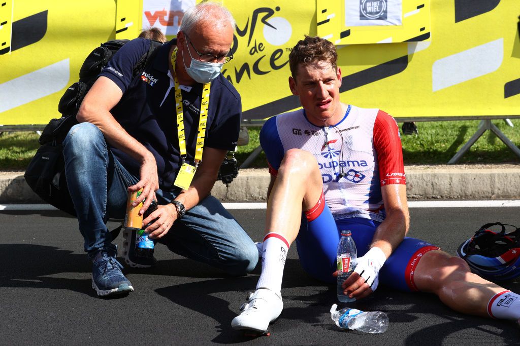 NMES FRANCE JULY 08 Stefan Kng of Switzerland and Team Groupama FDJ at arrival during the 108th Tour de France 2021 Stage 12 a 1594km stage from SaintPaulTroisChateaux to Nimes LeTour TDF2021 on July 08 2021 in Nmes France Photo by Michael SteeleGetty Images