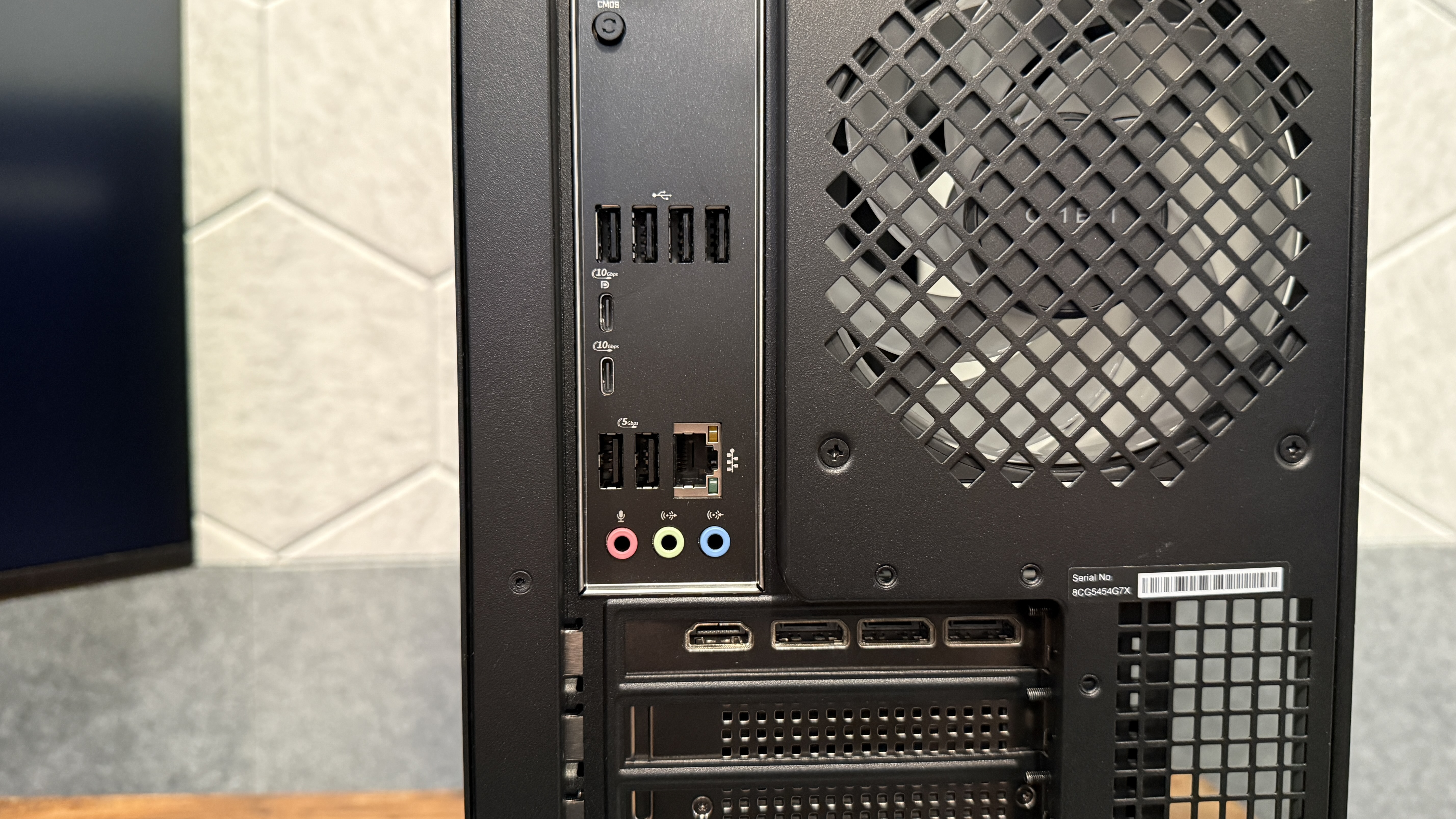 A close-up shot of the rear ports on the HP Omen Max 45L