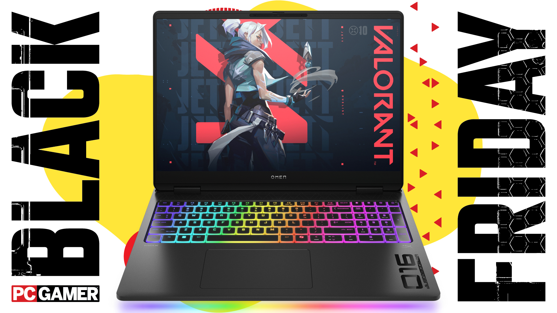 An HP Omen Max 16 gaming laptop on a colorful Black Friday deals background with the PC Gamer logo in the bottom left.