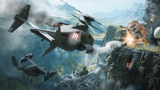 Choppers flying towards an objective in Battlefield 2042.
