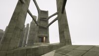 The player runs through looming Brutalist architecture in Vholume.