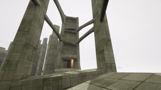 The player runs through looming Brutalist architecture in Vholume.