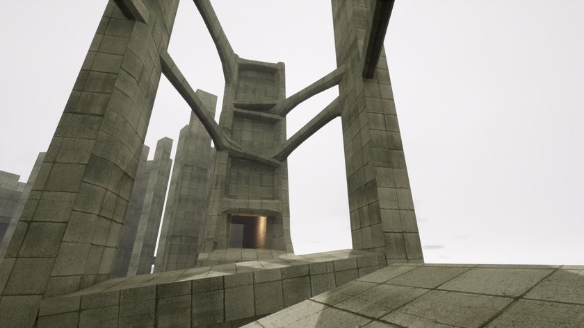 The player runs through looming Brutalist architecture in Vholume.