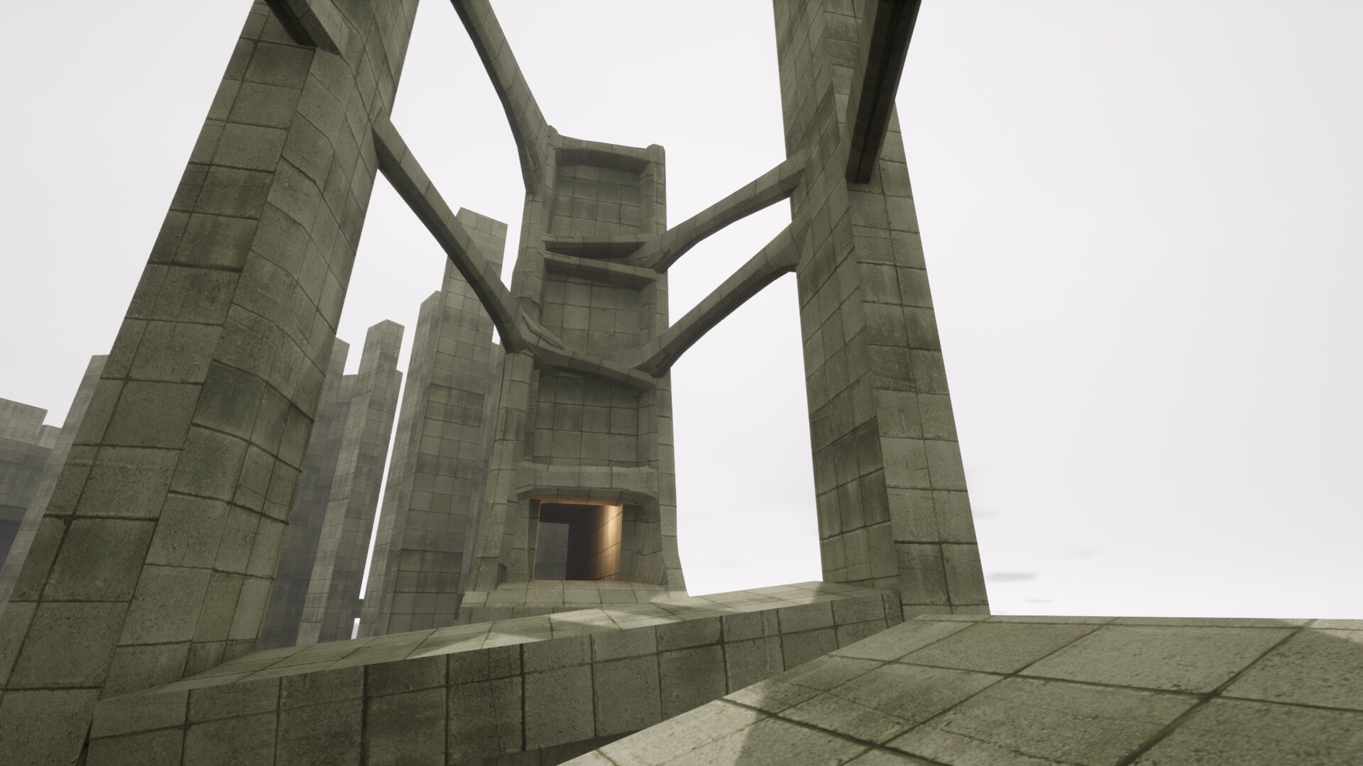 The player runs through looming Brutalist architecture in Vholume.