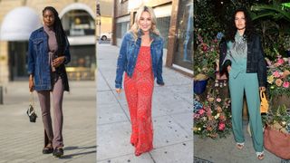 street style models showing how to style a denim jacket with jumpsuits