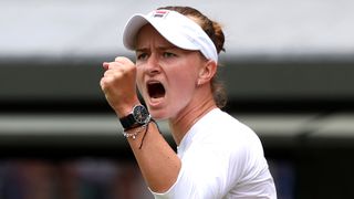  Barbora Krejcikova of Czechia celebrates reaching the Krejcikova vs Paolini Wimbledon women's final 2024