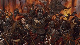 A group of Chaos Warriors in Warhammer Fantasy.