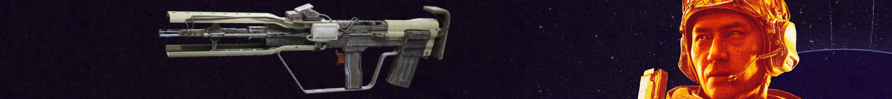 Arc Raiders best guns: A Tempest against a grainy purple background with a close-up of an orange-hued character's face on the right side.