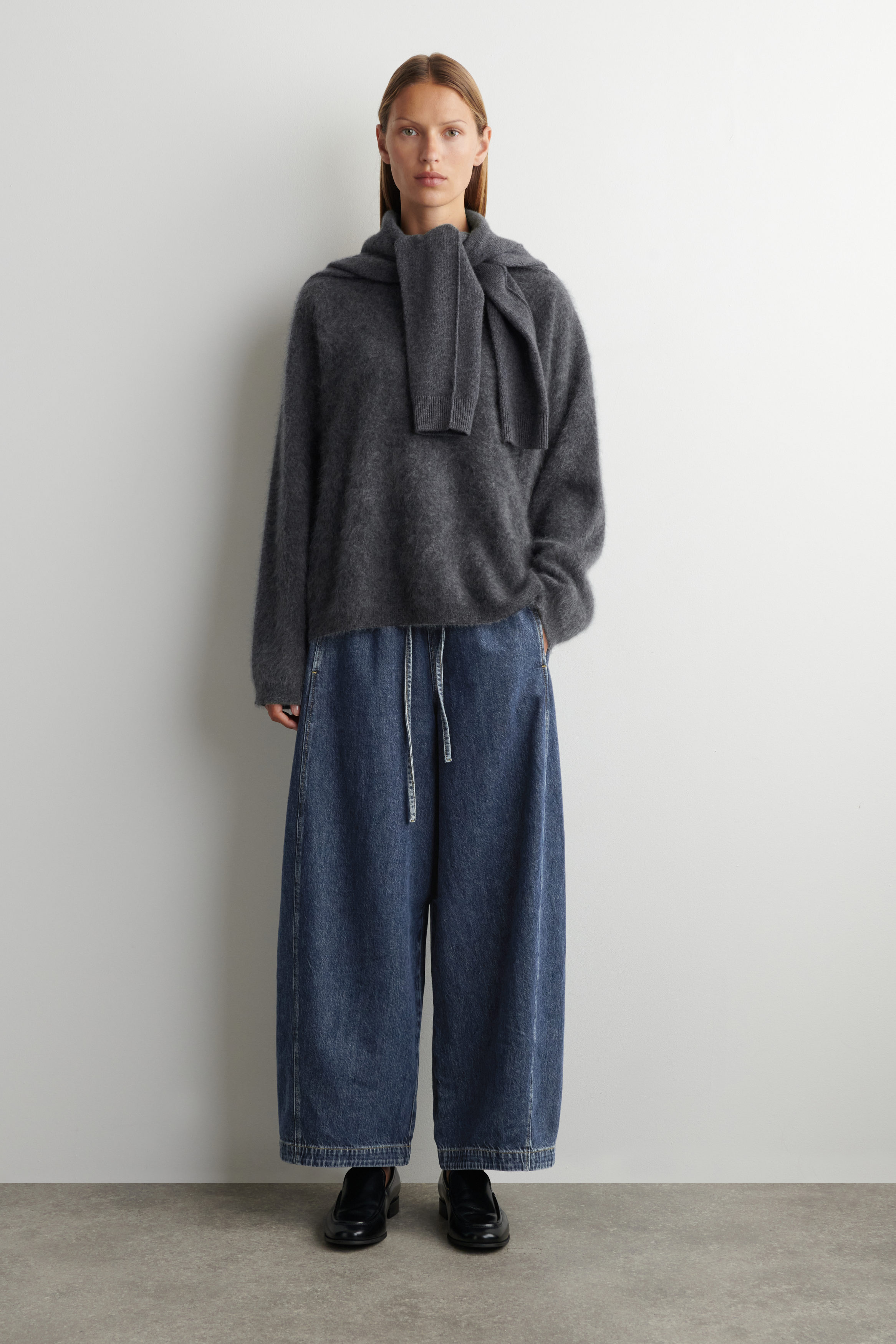 Barrel-Leg Denim Drawstring Trousers