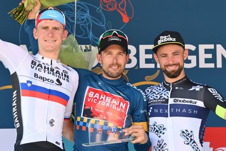LtoR Slovenias Matej Mohoric 2nd Italys Sonny Colbrelli winner and Belgiums Victor Campenaerts third pose during the podium ceremony of stage six of the Benelux cycling tour from OttigniesLouvainLaNeuve to Houffalize 2076 km on September 4 2021 Belgium OUT Photo by DAVID STOCKMAN BELGA AFP Belgium OUT Photo by DAVID STOCKMANBELGAAFP via Getty Images