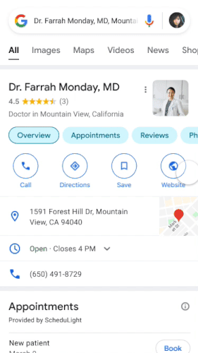 Finding an available appointment through Google Search
