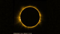 detailed view of the sun blocked by the moon in the center, creating a dramatic ring of fire against a black background. The sun's corona is visible around the edge of the moon. 