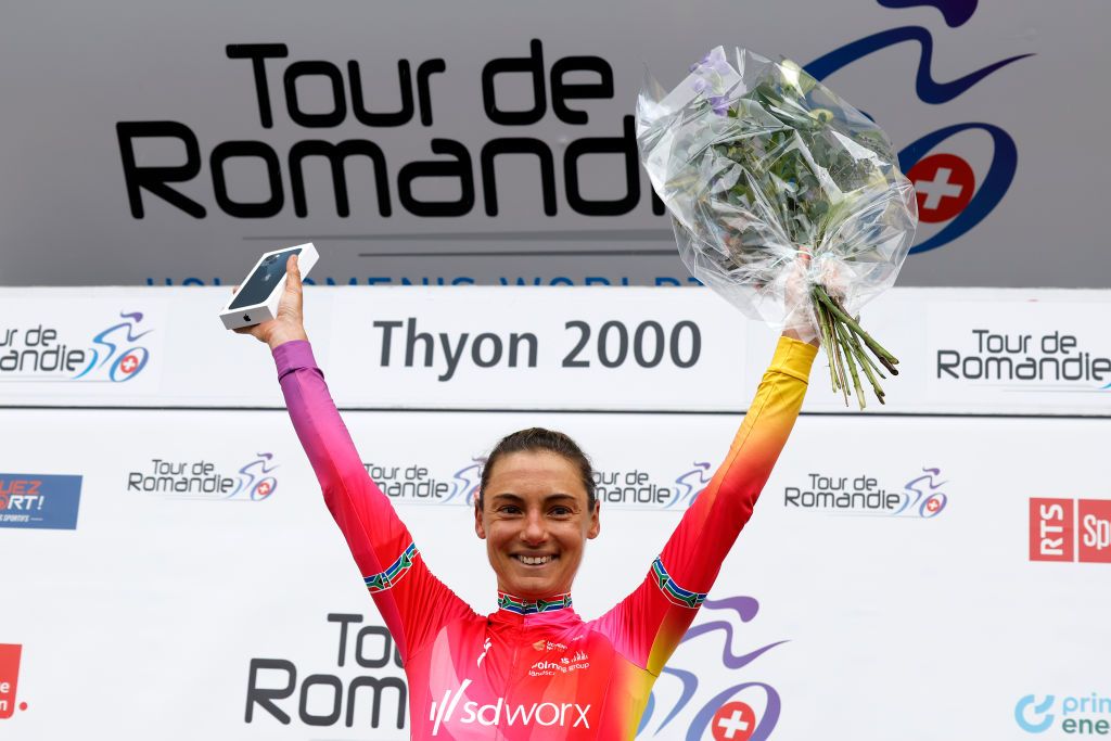 THYON SWITZERLAND OCTOBER 08 Ashleigh Moolman Pasio of South Africa and Team SD Worx celebrates at podium as stage winner the 1st Tour de Romandie Feminin 2022 Stage 2 a 1045km stage from Sion to Thyon 2089m TDRwomen TDRF on October 08 2022 in Thyon Switzerland Photo by Bas CzerwinskiGetty Images