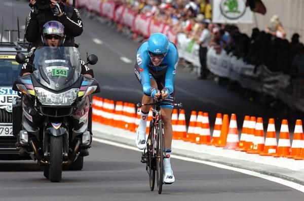 The long, lanky figure of Ryder Hesjedal (Garmin-Sharp) in the Tour prologue.