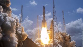 An Ariane 6 rocket launches 32 Amazon Leo satellites to orbit from French Guiana on Feb. 12, 2026.