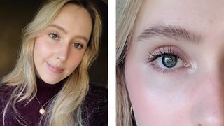 On the left, a picture of Digital Beauty Writer, Naomi Jamieson with a pearly glitter eyeshadow applied to the inner corner of her eye and on the right, a close-up of her eye and eyeshadow placement