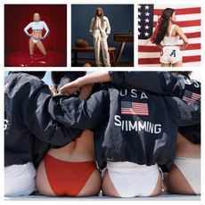 a collage of press and campaign images from olympics collaborations at skims, ralph lauren, loveshackfancy, and jcrew