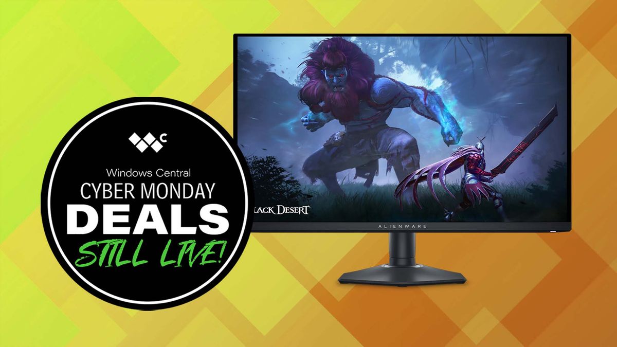 A graphic that says, &quot;Cyber Monday deals Still Live!&quot; next to a gaming monitor. 