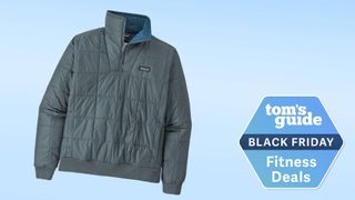 Patagonia jacket on a blue background with a Tom's Guide deal badge