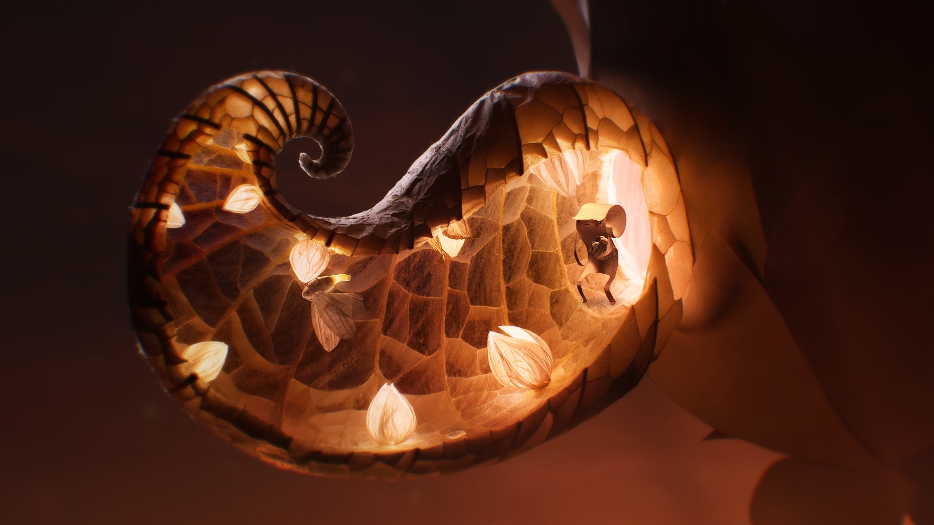 A game screenshot of a shell-chamber that Pape escapes from. There are glowing flowers inside.