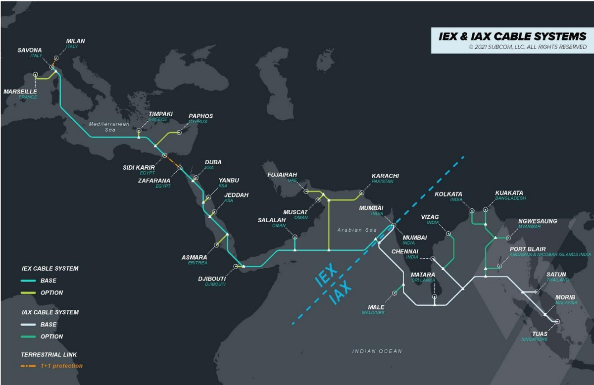 A map displaying Reliance Jio&amp;#039;s new fibre optic network across Asia Pacific, the Middle East and Europe