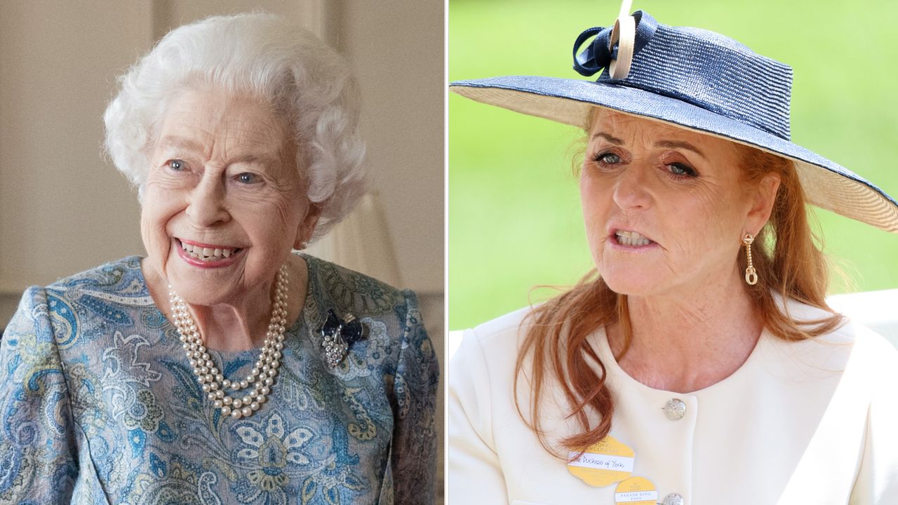 Queen Elizabeth II smiles and has white hair, is wearing a white pearl necklace, and a blue and turquoise brocade dress, Sarah Ferguson wears a smart cream jacket and a wide-brimmed black hat