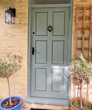 Front door with olive trees and outdoor light