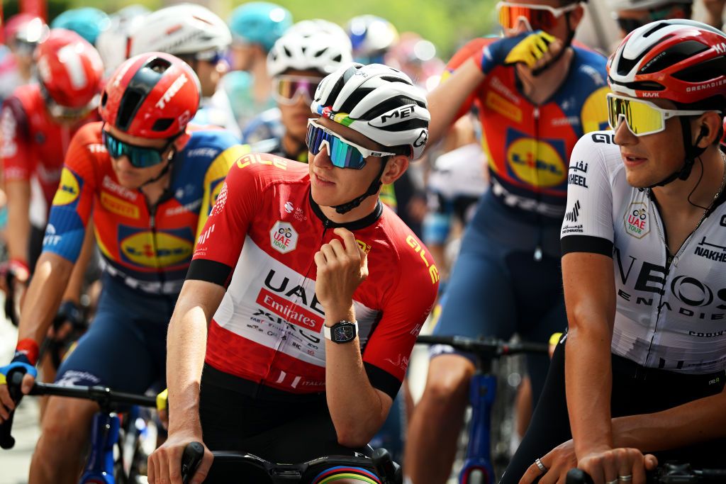 DUBAI UNITED ARAB EMIRATES FEBRUARY 21 LR Tadej Pogacar of Slovenia and UAE Team Emirates Red Leader Jersey and Joshua Tarling of The United Kingdom and Team INEOS Grenadiers White best young jersey prior to the 7th UAE Tour 2025 Stage 5 a 160km stage from American University Dubai to American University Dubai UCIWWT on February 21 2025 in Dubai United Arab Emirates Photo by Dario BelingheriGetty Images