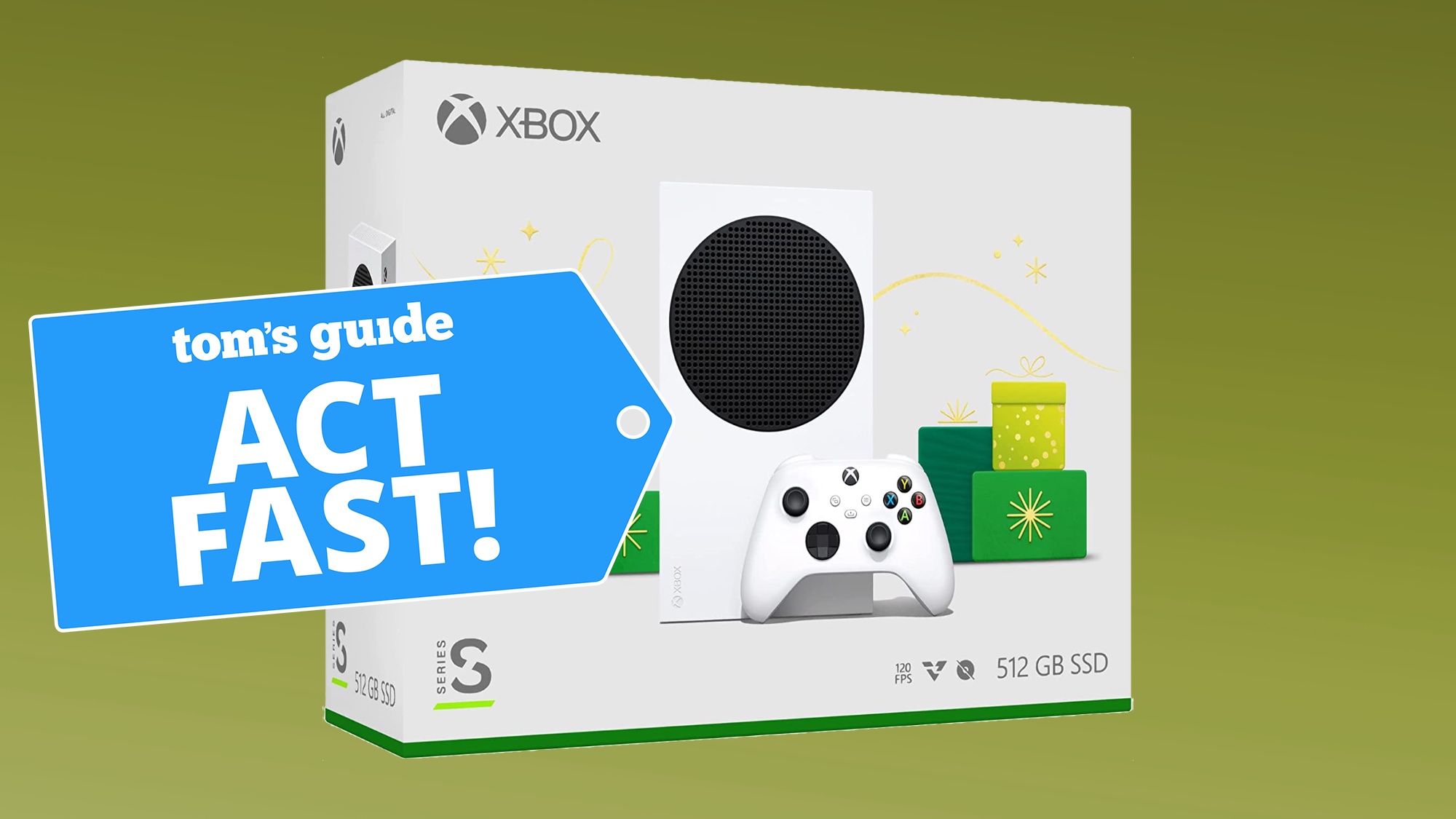 Foto de la caja de Xbox Series S con etiqueta de oferta