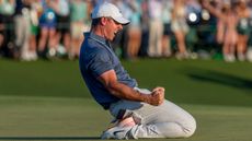 Rory McIlroy celebrates winning the 2025 Masters