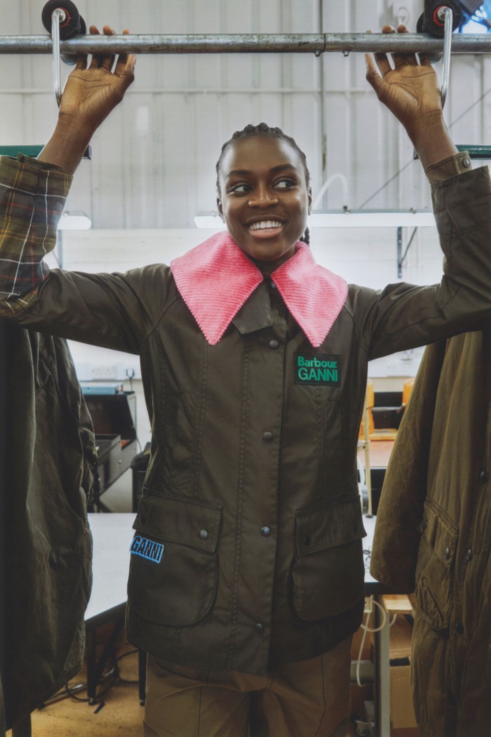 Model wears Ganni x Barbour jacket