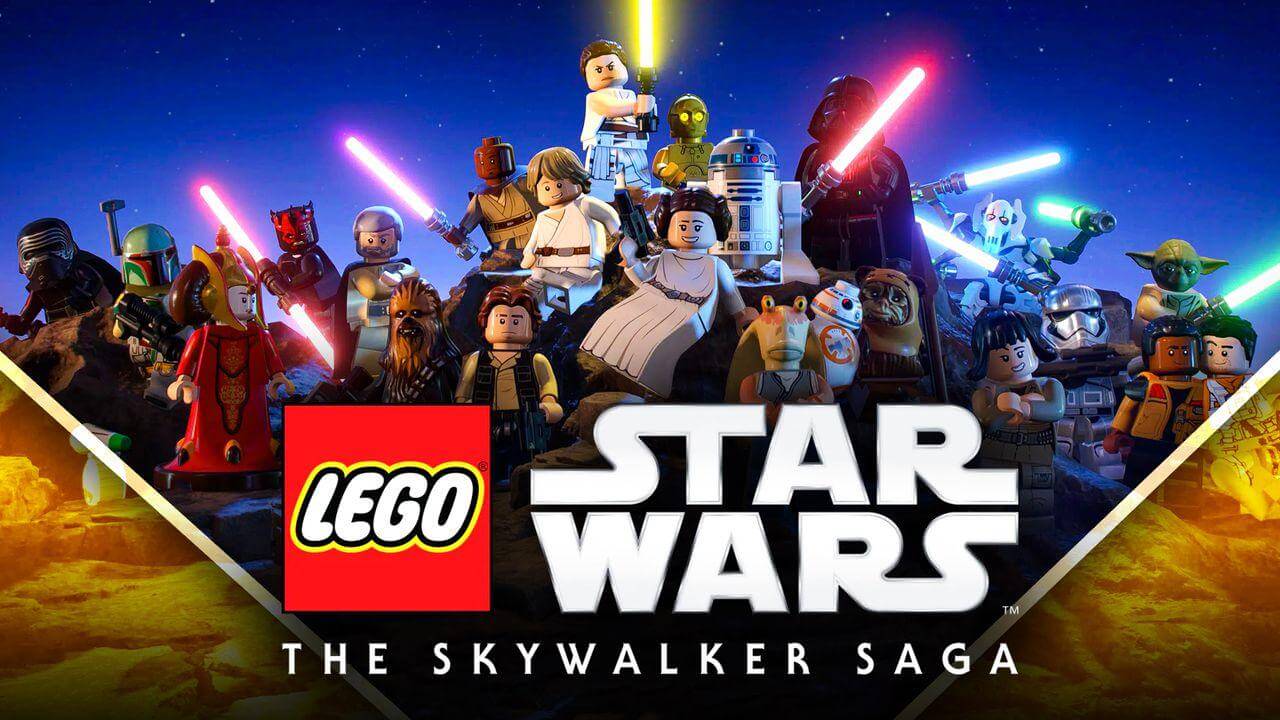A selection of popular Star Wars characters in LEGO form stood together, including Princess Leia, Han Solo, Luke Skywalker, Mace Windu, Darth Vader and many more