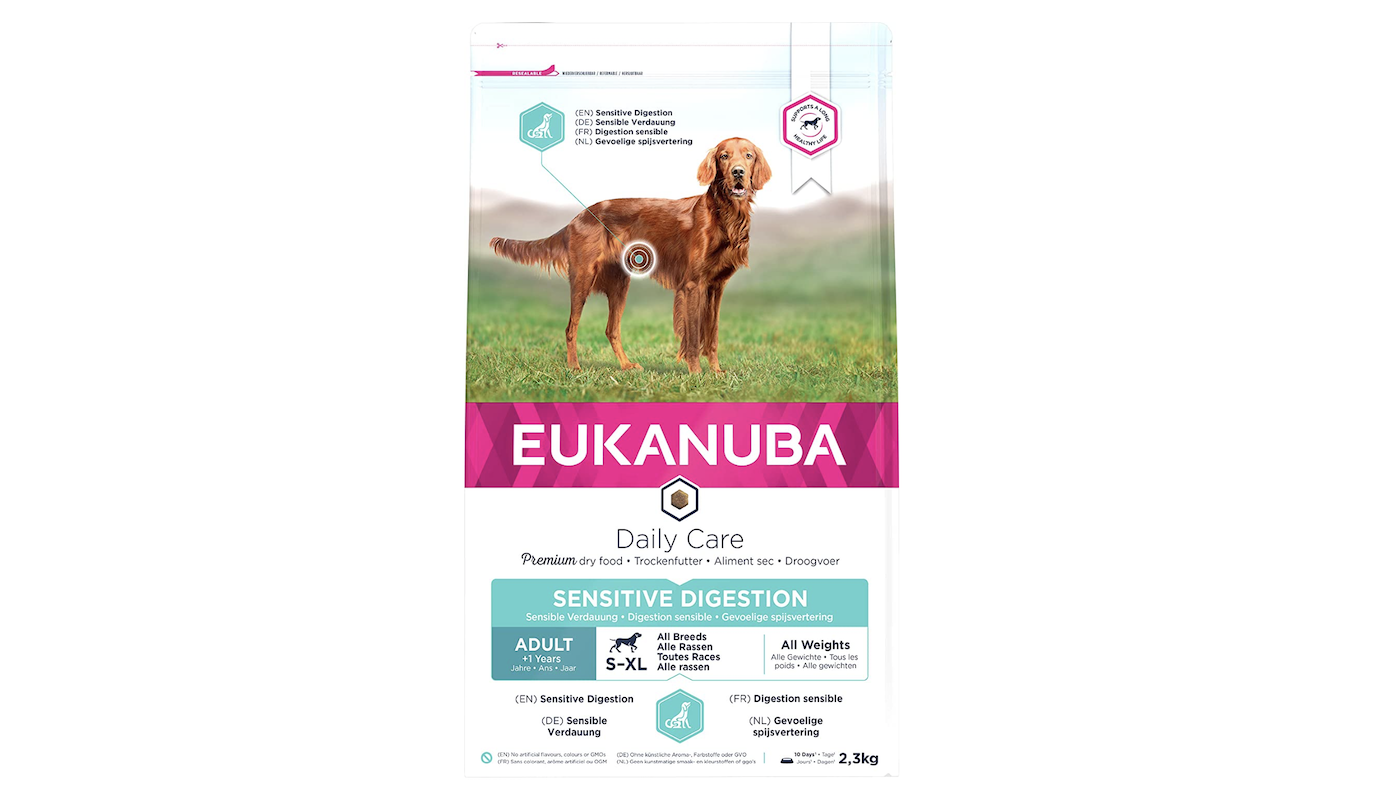 Sack of Eukanuba dog food for sensitive stomachs
