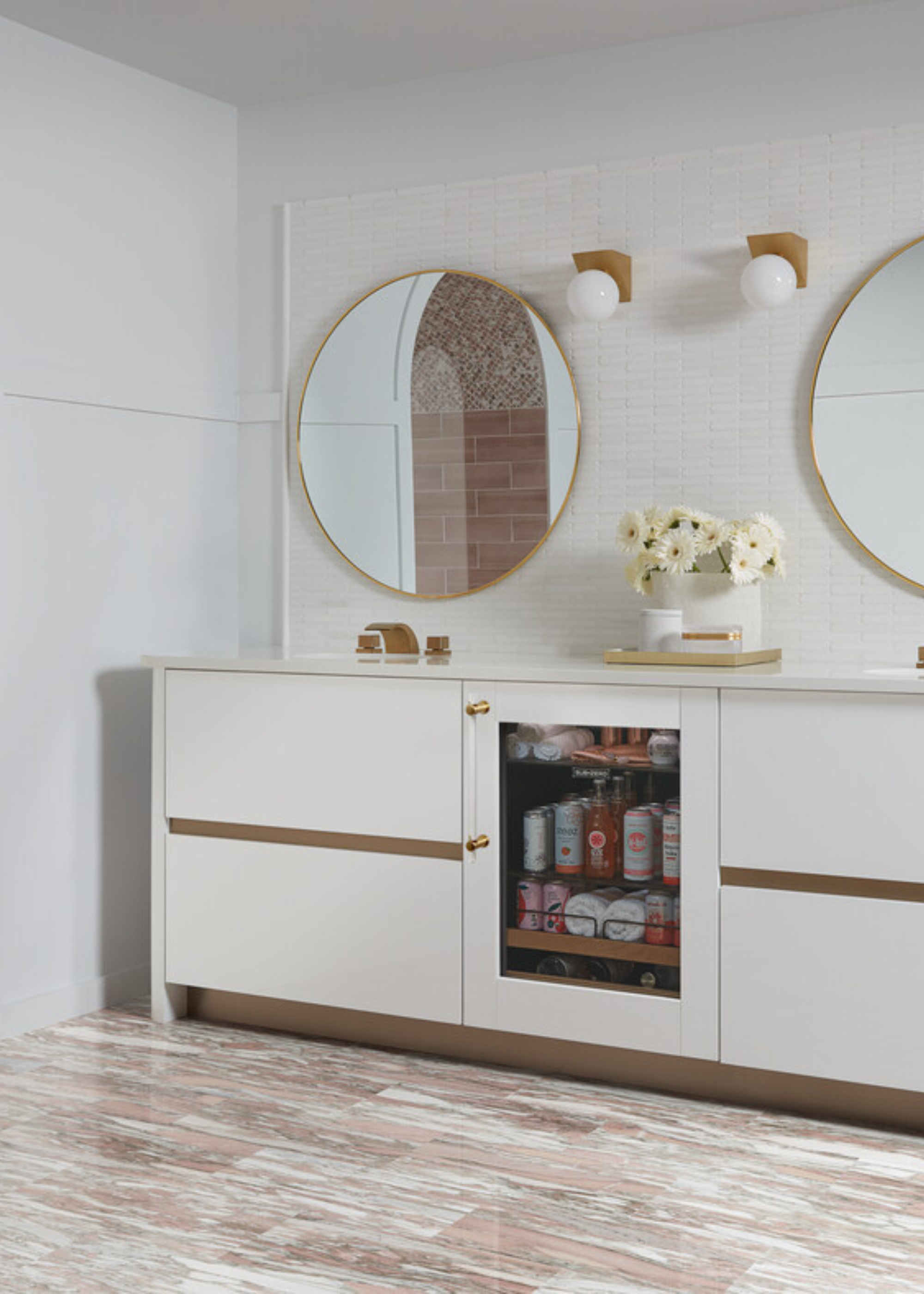 modern spa bathroom with an undercounter fridge