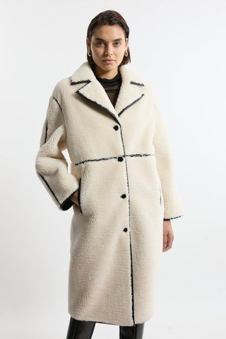 Faux Fur Pu Trim Longline Coat