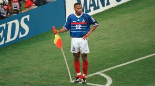 France's Thierry Henry celebrates scoring a goal during the 1998 soccer World Cup match against Saudi Arabia. (Photo by Jerome Prevost/TempSport/Corbis/VCG via Getty Images)