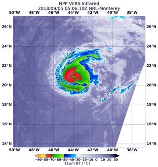 On Sept. 5, 2018, at 1:06 a.m. EDT (0506 GMT), the VIIRS instrument aboard the NASA-NOAA Suomi-NPP satellite provided an infrared image of Hurricane Florence. The strongest thunderstorms with the coldest cloud tops appear in red.