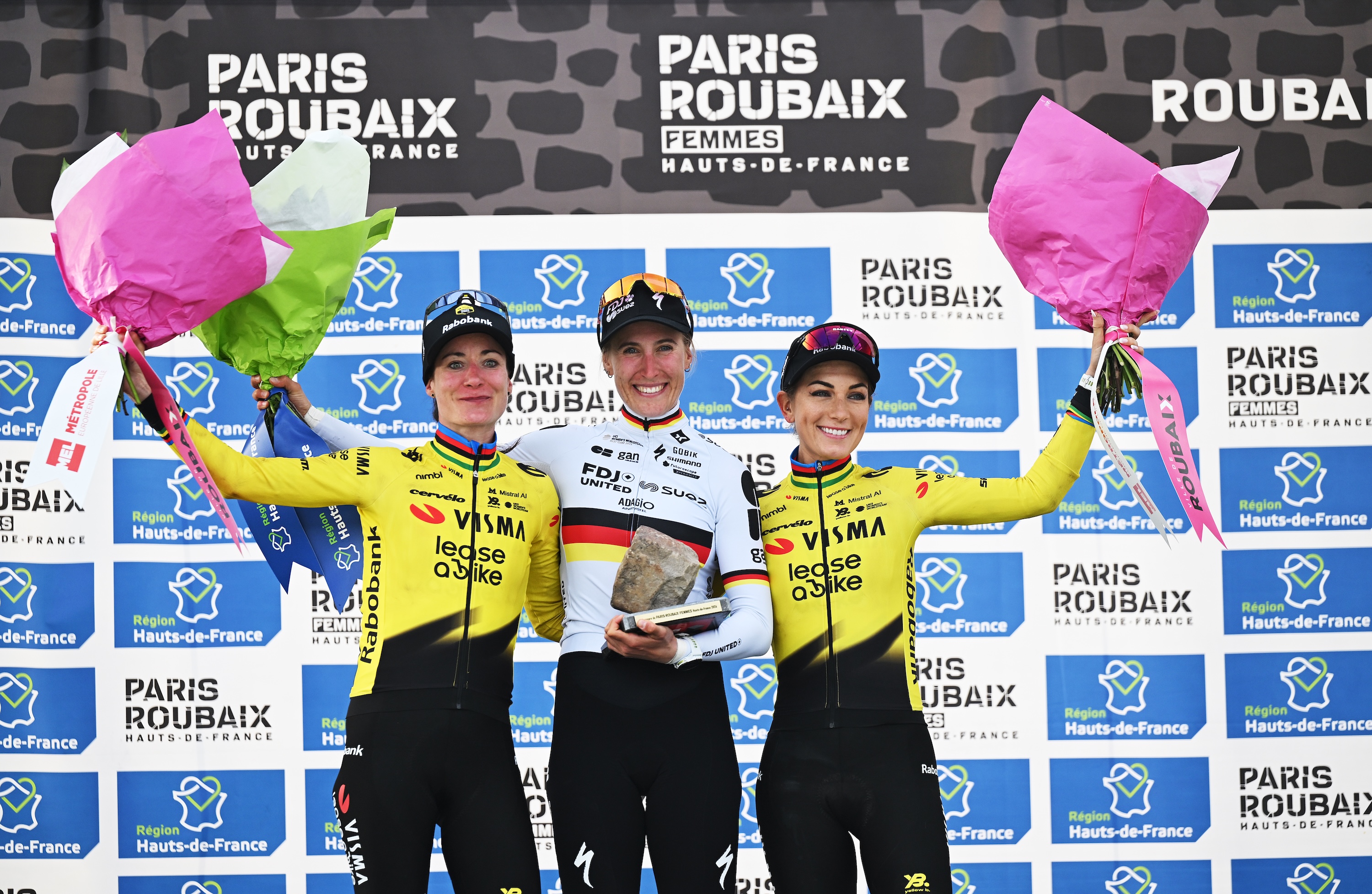 Marianne Vos, Franziska Koch and Pauline Ferrand-Prevot after Paris-Roubaix Femmes