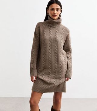 Mink Cable Roll Neck Knit Mini Dress