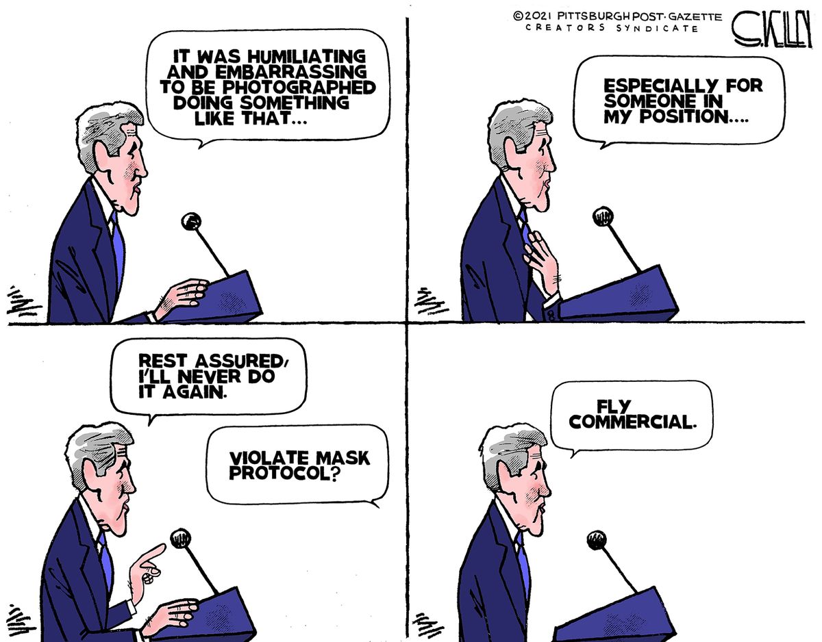 Political Cartoon U.S. kerry fly commercial mask covid | The Week