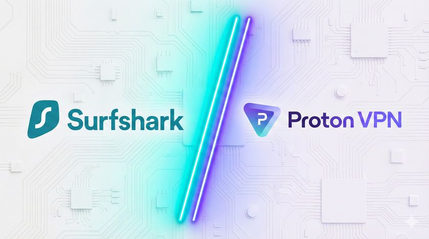 Surfshark and Proton VPN logos, split by a neon line