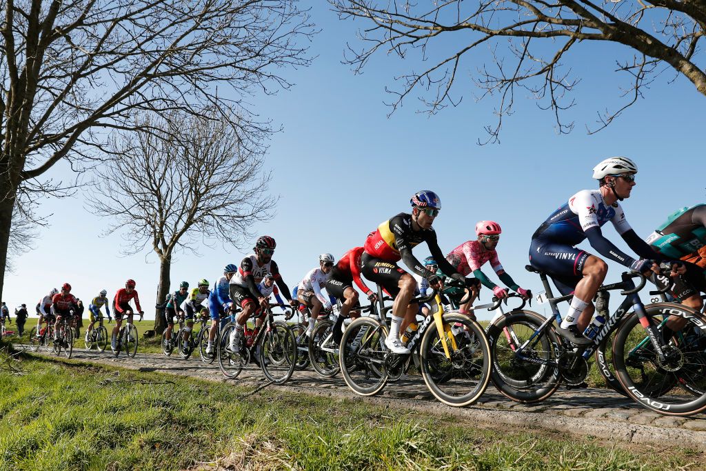 2022 Omloop Het Nieuwsblad Wout van Aert tackles a cobbled sector during last year&#039;s race