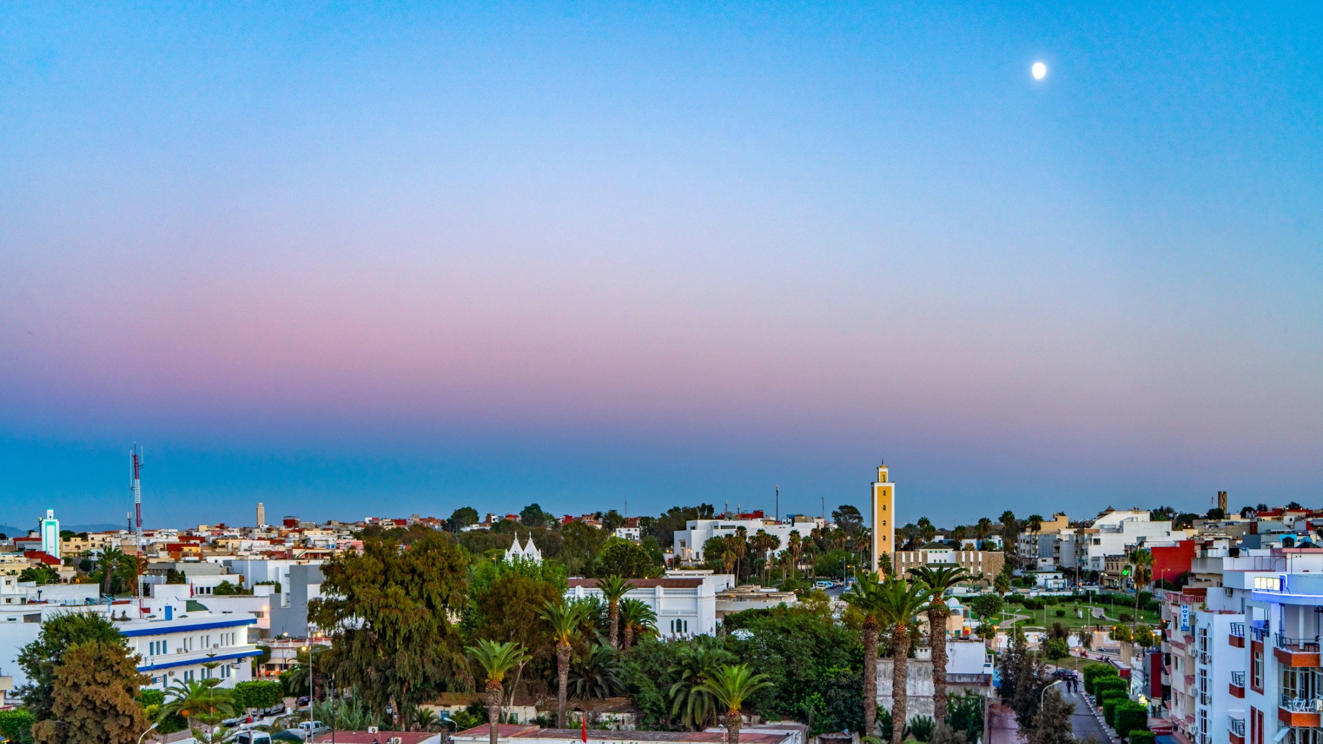 Cityscape at dusk, with low white buildings, lush palms, and a slender minaret beneath a pastel pink-and-blue sky and bright moon.