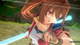 Estelle begins to spin as she uses a special attack in Trails in the Sky 1st Chapter, her staff glowing blue her hair twirls