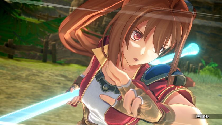 Estelle begins to spin as she uses a special attack in Trails in the Sky 1st Chapter, her staff glowing blue her hair twirls