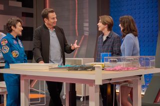 NASA astronaut Jessica Meir (at left) with "Lego Masters" host Will Arnett and contestants Drew and Miranda.