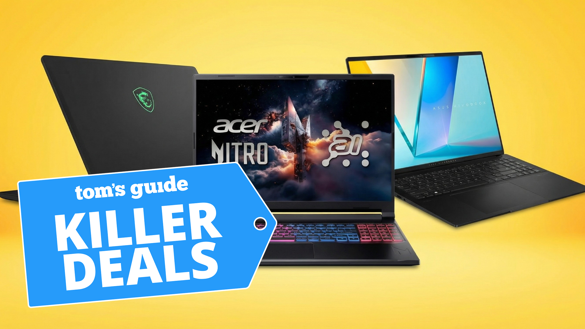 Collage of 3 laptop deals against yellow background